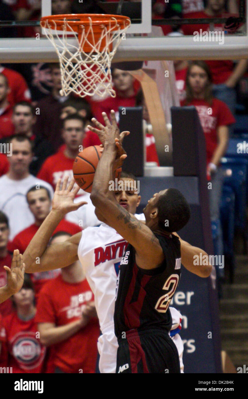 Feb. 12, 2011 - Dayton, Ohio, U.S.A - Temple Owls guard Ramone Moore (23) is fouled on a shot by Dayton Flyers forward Devin Oliver (5) in the second half of the game between Temple and Dayton at the UD Arena, Dayton, Ohio.  Temple defeated Dayton 75-63. (Credit Image: © Scott Stuart/Southcreek Global/ZUMAPRESS.com) Stock Photo
