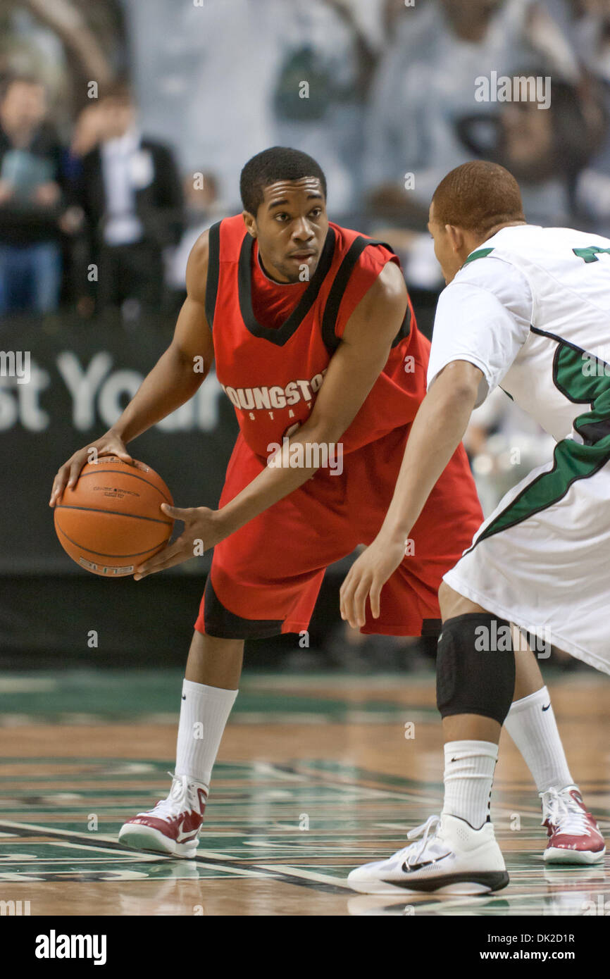Feb. 12, 2011 - Cleveland, Ohio, U.S - Youngstown State guard Blake Allen (1) is defended by Cleveland State guard Trevon Harmon (3) during the first half.  The Cleveland State Vikings defeated the Youngstown State Penguins 86-76 at the Wolstein Center. (Credit Image: © Frank Jansky/Southcreek Global/ZUMAPRESS.com) Stock Photo