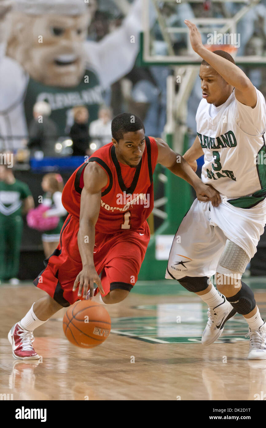 Feb. 12, 2011 - Cleveland, Ohio, U.S - Youngstown State guard Blake Allen (1) drives to the basket against Cleveland State guard Trevon Harmon (3) during the first half.  The Cleveland State Vikings defeated the Youngstown State Penguins 86-76 at the Wolstein Center. (Credit Image: © Frank Jansky/Southcreek Global/ZUMAPRESS.com) Stock Photo