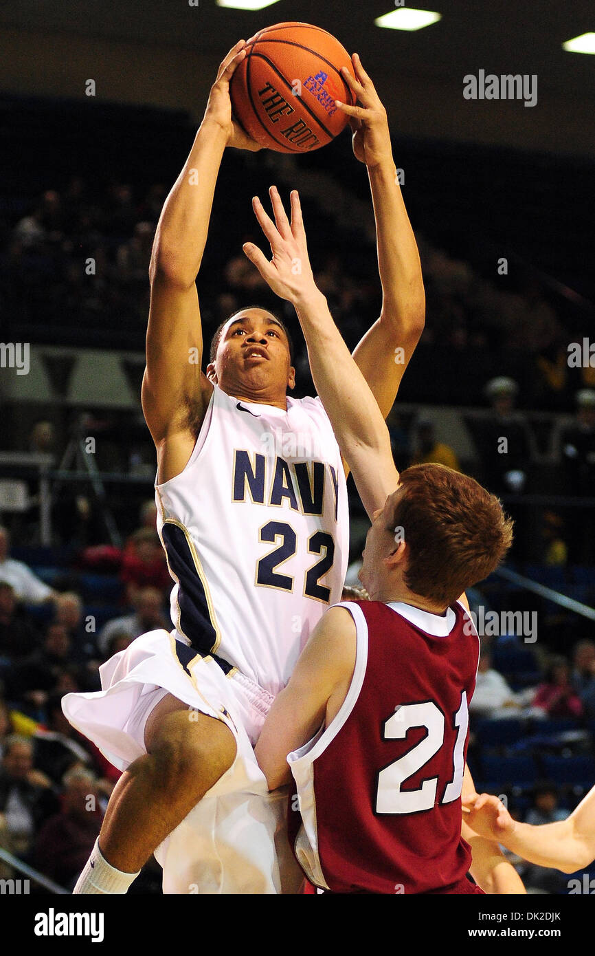 Feb. 12, 2011 - Annapolis, Maryland, U.S - Navy guard Isaiah Roberts (22) goes up for a shot under pressure from Lafayette guard Jim Mower (21) during the first half of Saturday night's game at the Naval Academy in Annapolis, MD. Navy leads Lafayette 36-21 at the half. (Credit Image: © Russell Tracy/Southcreek Global/ZUMAPRESS.com) Stock Photo
