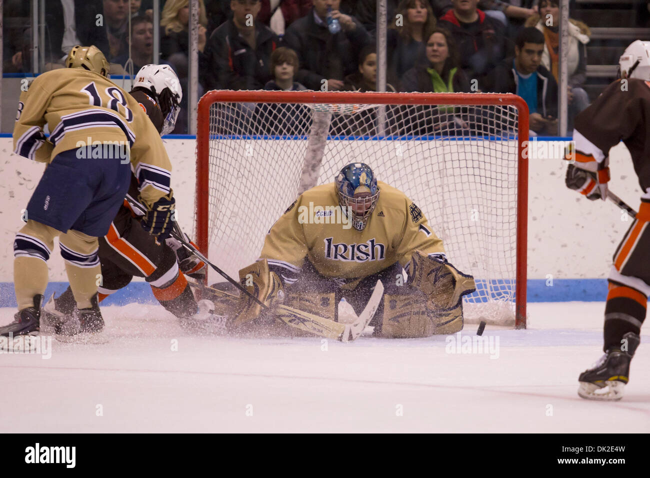 Feb. 12, 2011 - South Bend, Indiana, United States of America - Notre Dame goaltender Steven Summerhays (#1) makes the save on shot by Bowling Green forward Jordan Samuels-Thomas (#21) in second period action during NCAA hockey game between Bowling Green and Notre Dame.  The Notre Dame Fighting Irish defeated the Bowling Green Falcons 5-1 in game at Joyce Center in South Bend, Indi Stock Photo