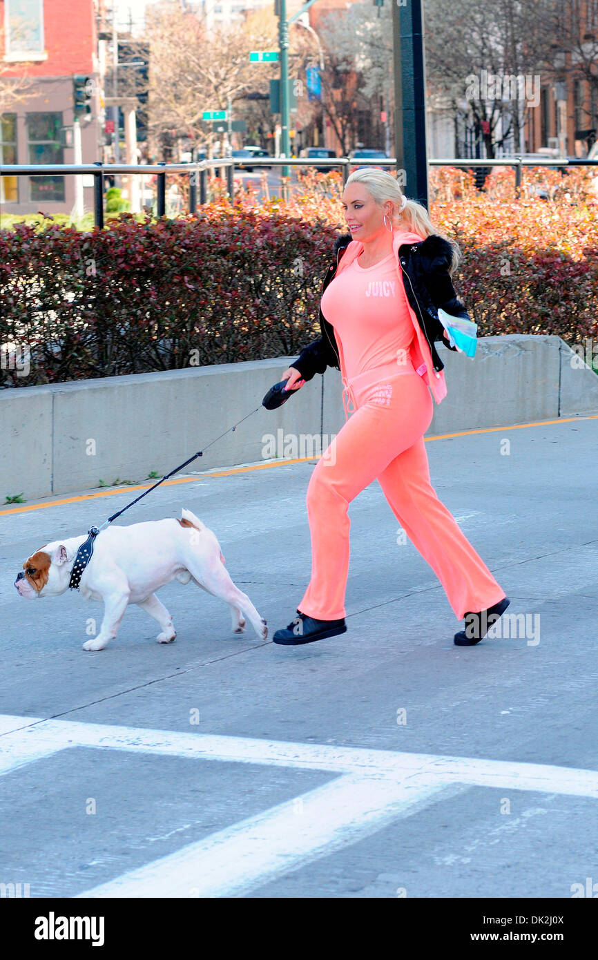 Coco Austin walking her dog Spartacus in Manhattan New York City, USA