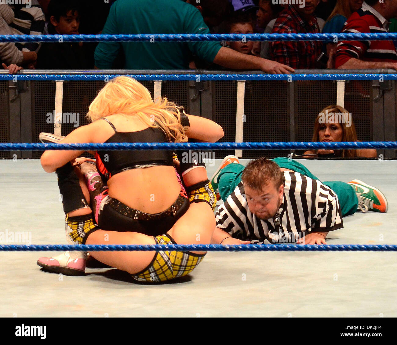 Natalya, AJ, Hornswoggle WWE Smack Down at the O2 Arena Dublin, Ireland - 12.04.12. Stock Photo