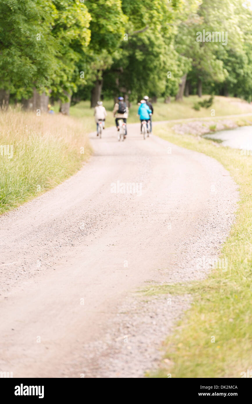 Tranquil summer landscape. A group of people riding bikes on a countryside road by Gota Canal in Sweden. Stock Photo