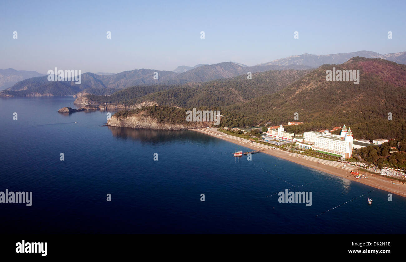 Aerial view of Tekirova Beach and Amara Dolce Vita Hotel Antalya Turkey Stock Photo