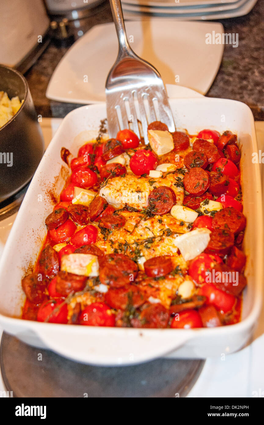 Cod and chorizo Spanish style fish stew Stock Photo - Alamy