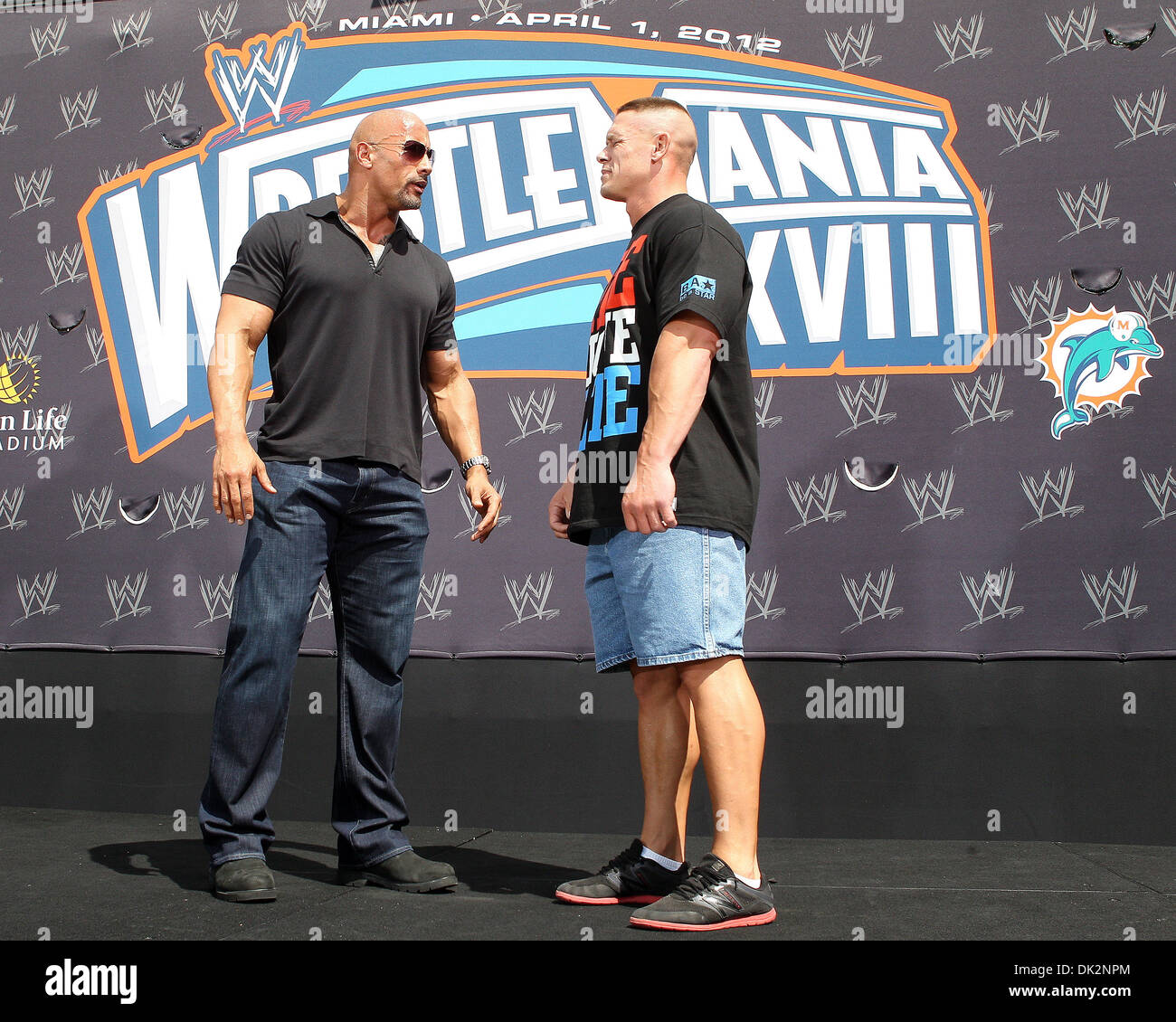 Dwayne The Rock Johnson, John Cena in attendance for WRESTLEMANIA XXVII  Press Conference, Hard Rock Cafe, New York, NY March 30, 2011. Photo By:  Rob Rich/Everett Collection Stock Photo - Alamy