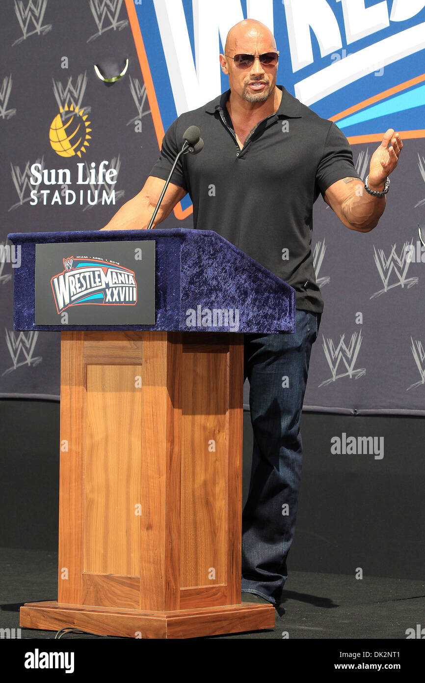 John Cena Dwayne 'The Rock' Johnson Press Conference for WrestleMania  XXVIII at Eden Roc Renaissance Miami Florida - 28.03.12 Stock Photo - Alamy