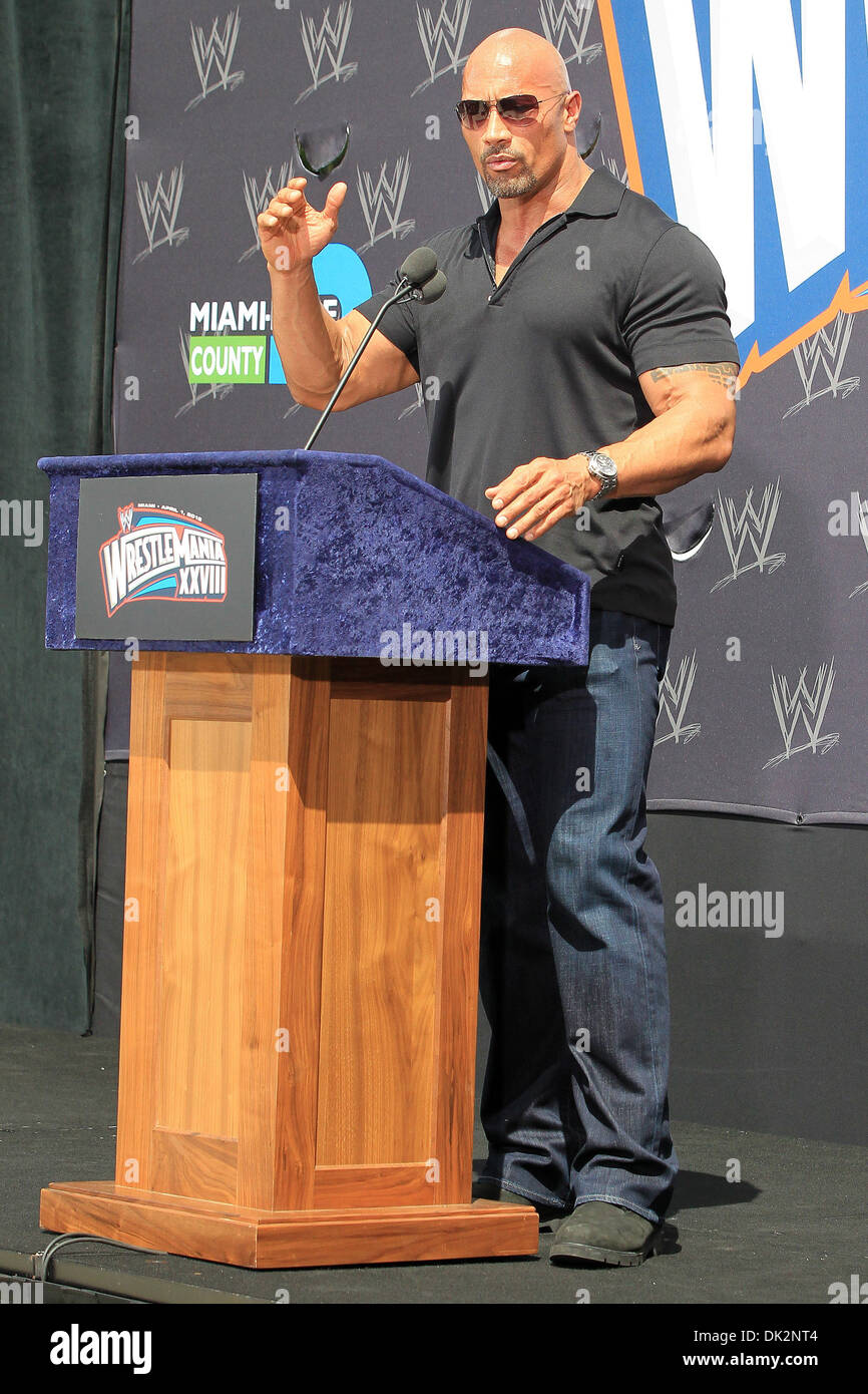 John Cena Dwayne 'The Rock' Johnson Press Conference for WrestleMania  XXVIII at Eden Roc Renaissance Miami Florida - 28.03.12 Stock Photo - Alamy