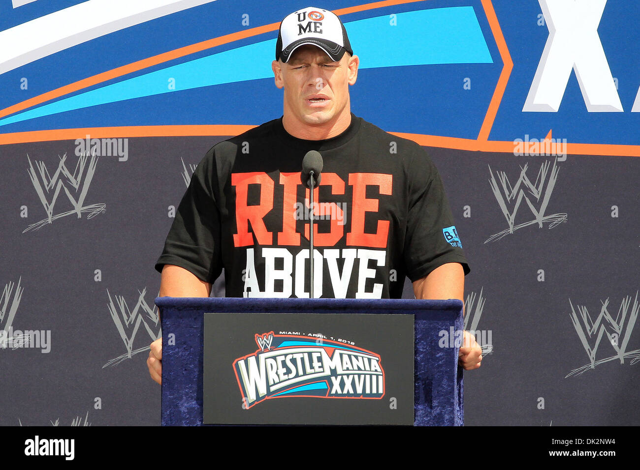 John Cena Dwayne 'The Rock' Johnson Press Conference for WrestleMania  XXVIII at Eden Roc Renaissance Miami Florida - 28.03.12 Stock Photo - Alamy