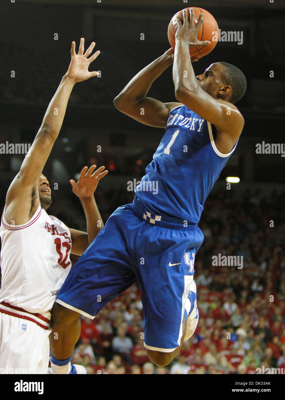 Feb. 23, 2011 - Fayetteville, AR, USA - Kentucky Wildcats guard Darius Miller (1) put in a shot and the foul by Arkansas Razorbacks guard Marcus Britt (12) in the first half  as Kentucky played Arkansas on Wednesday February 23, 2011 in Fayetteville, AR.  Photo by Mark Cornelison | Staff. (Credit Image: © Lexington Herald-Leader/ZUMAPRESS.com) Stock Photo