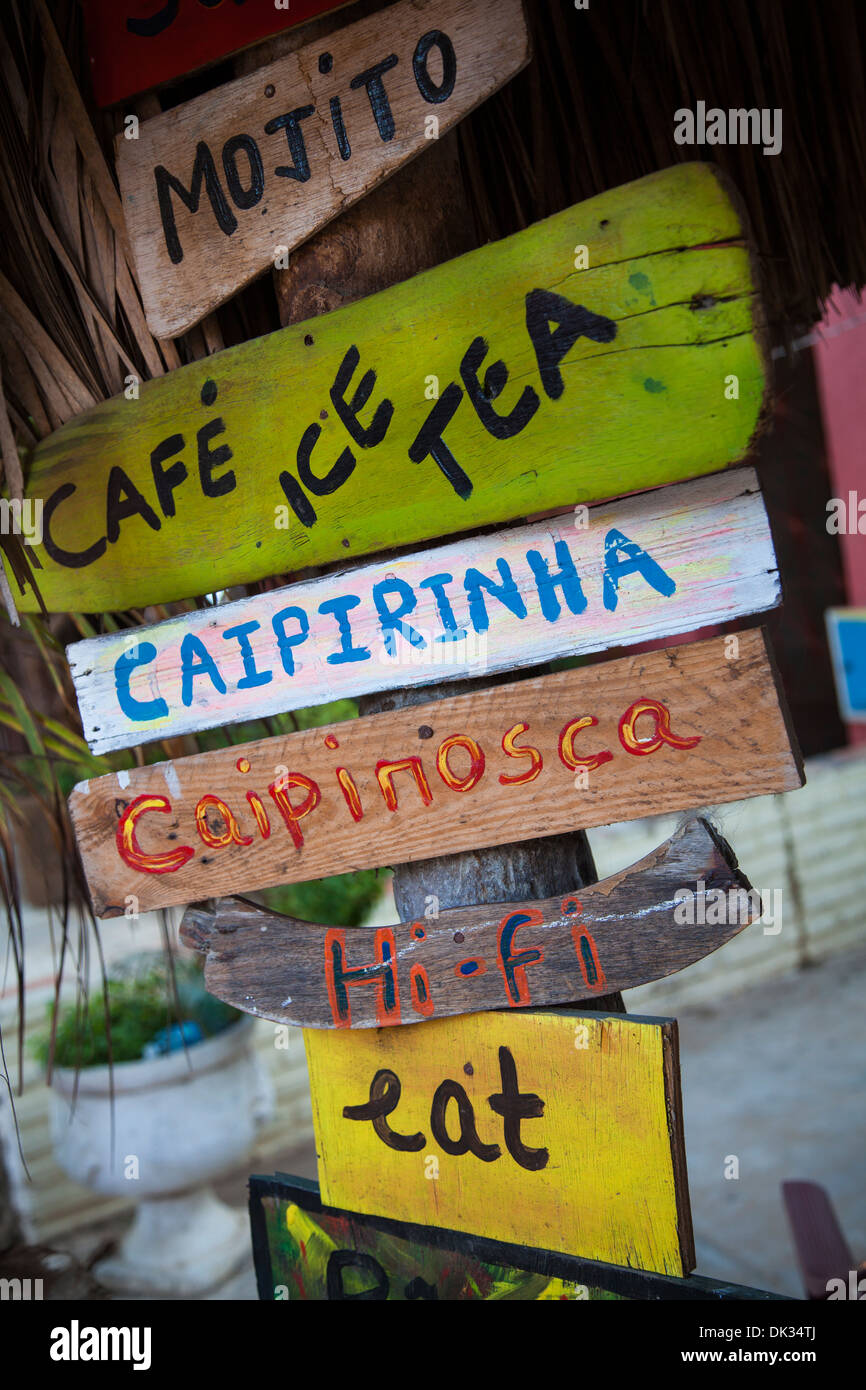 Sign at a local cafe, Cumbuco, Fortaleza district, Brazil. Stock Photo