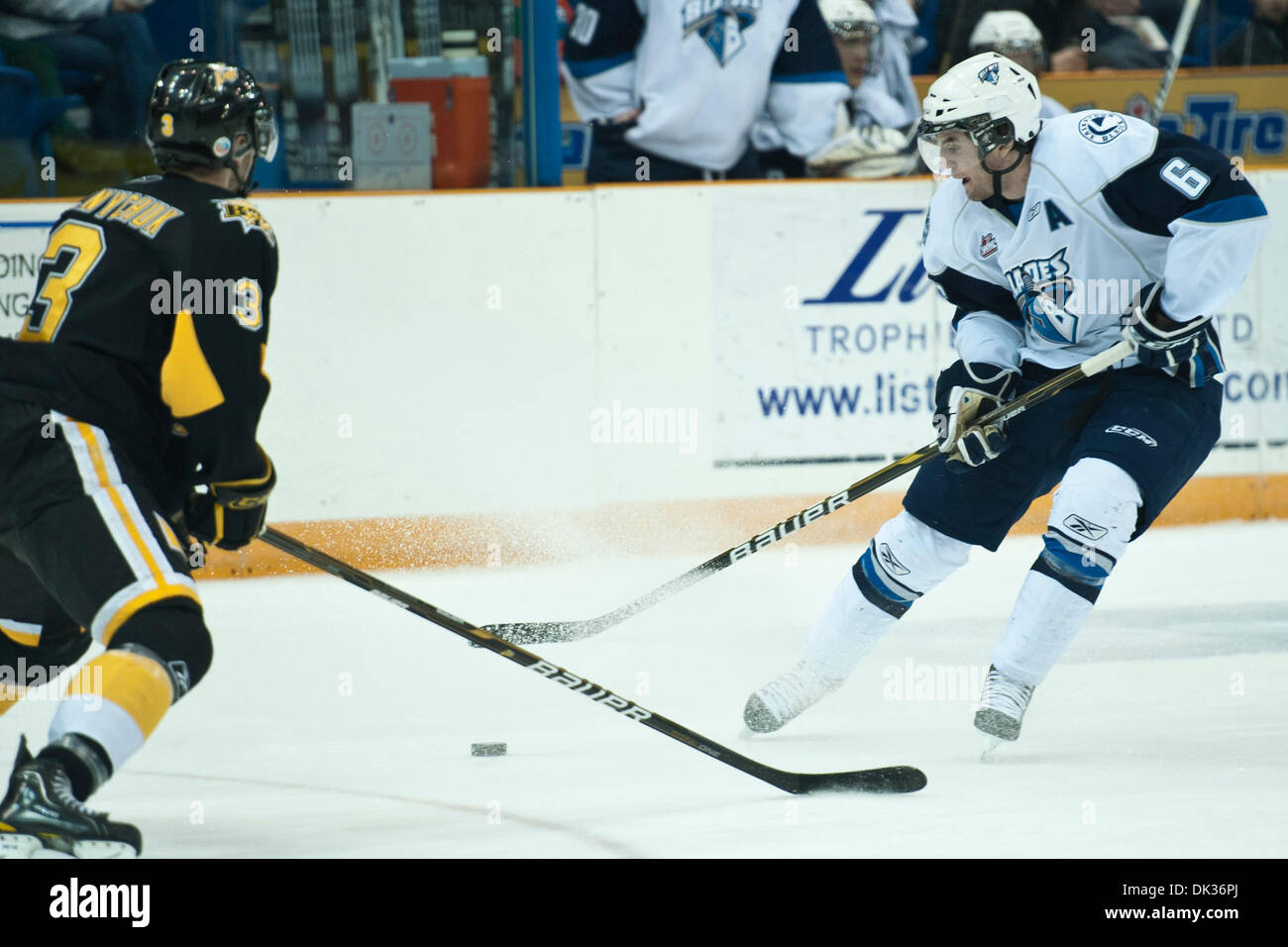 Feb. 25, 2011 - Saskatoon, Saskatchewan, Canada - Saskatoon Blades defenceman Stefan Elliott (#6) and Brandon Wheat Kings defenceman Brodie Melnychuk (#3) in action during the Saskatoon Blades vs Brandon Wheat Kings game at Credit Union Centre in Saskatoon. The Saskatoon Blades and Brandon Wheat Kings are tied 5-5 after two periods. (Credit Image: © Derek Mortensen/Southcreek Globa Stock Photo