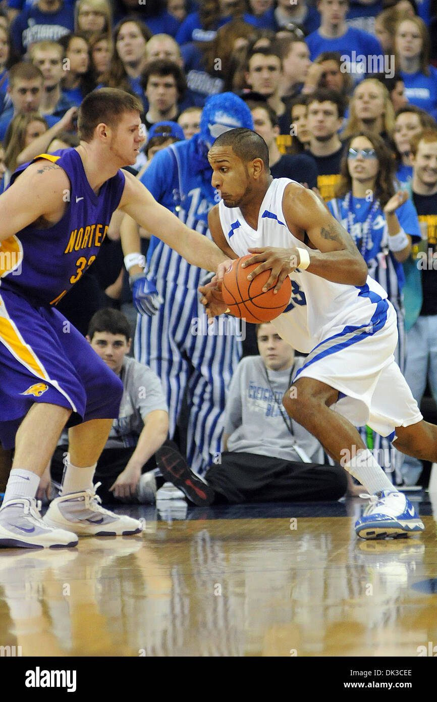 Feb. 26, 2011 - Omaha, Nebraska, U.S - Creighton's Wayne Runnels drives against Austin Pehl in first half action. Creighton defeated Northern Iowa 63-55 in a game played at the Qwest Center in Omaha, Nebraska. (Credit Image: © Steven Branscombe/Southcreek Global/ZUMApress.com) Stock Photo