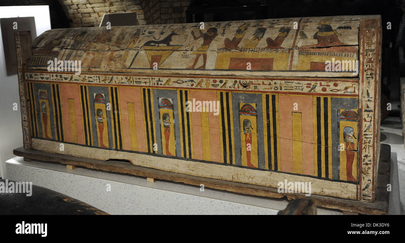 Outer coffin of Ken-Hor. Four corner posts and vaulted lid. Wood. 600 BC. 26th Dynasty. Grave of priest Ken-Hor. Akhmim-Sohag. Stock Photo