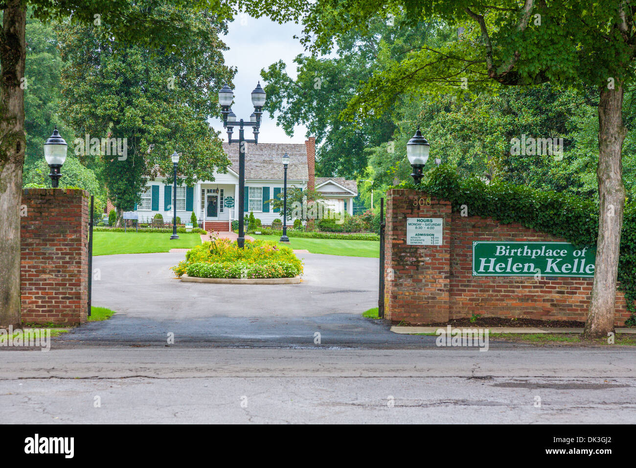 Front gated entrance to Ivy Green, the birthplace of Helen Keller, in Tuscumbia, Alabama Stock Photo