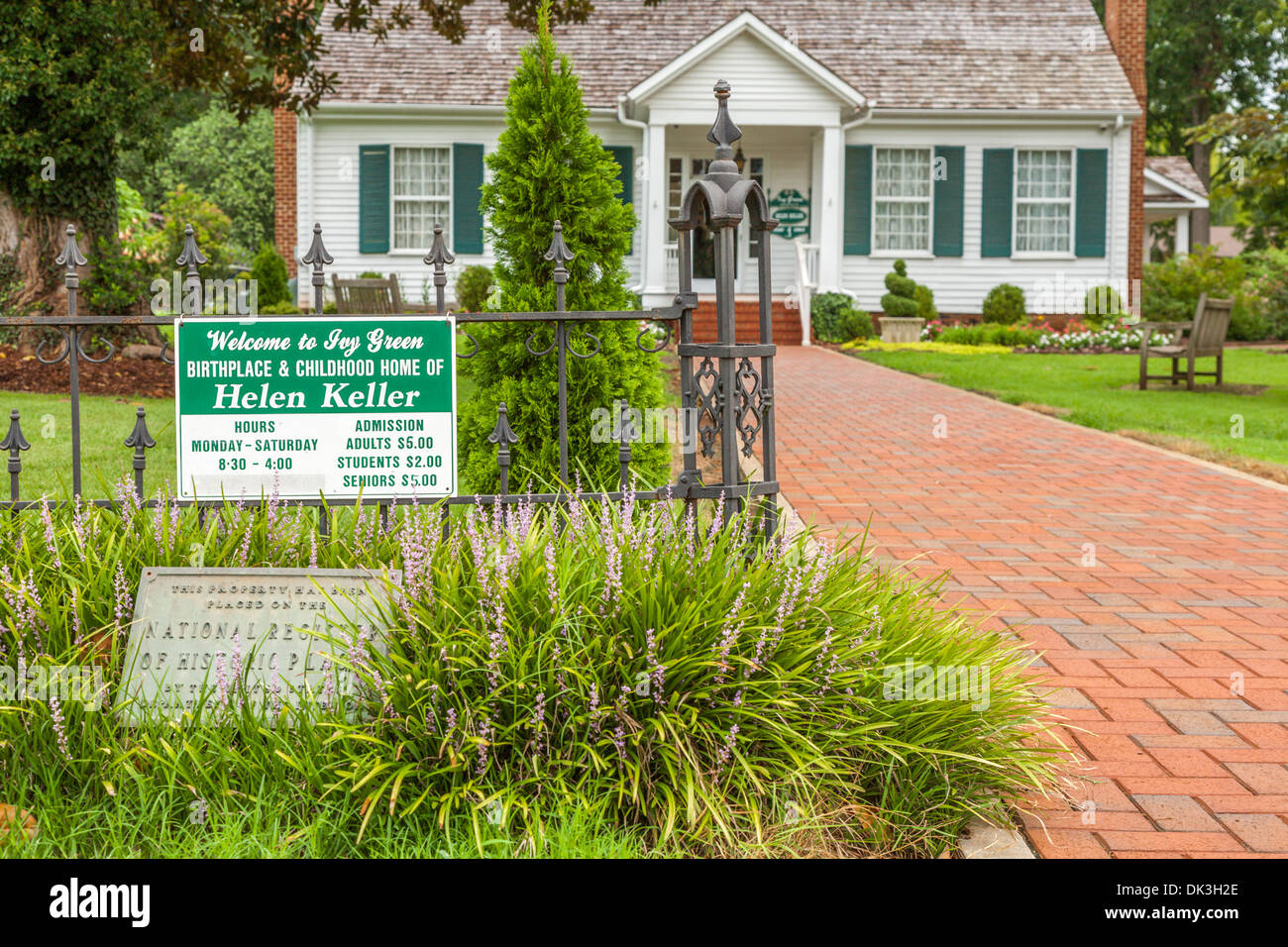 Signs at entrance to Ivy Green, the birthplace and childhood home of Helen Keller in Tuscumbia, Alabama Stock Photo