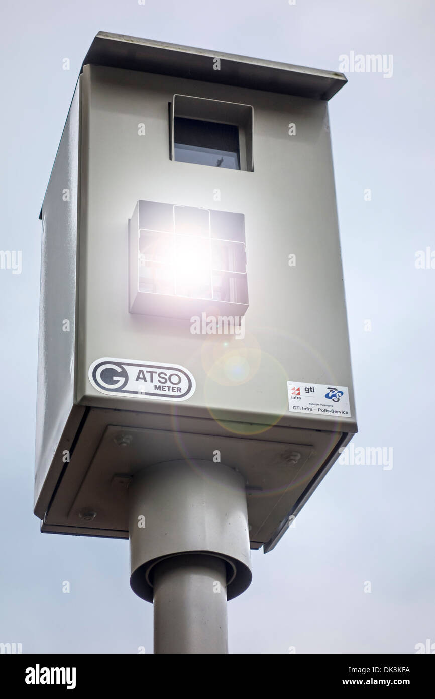 Close up of Gatso speed camera / photo radar / traffic enforcement camera flashing Stock Photo