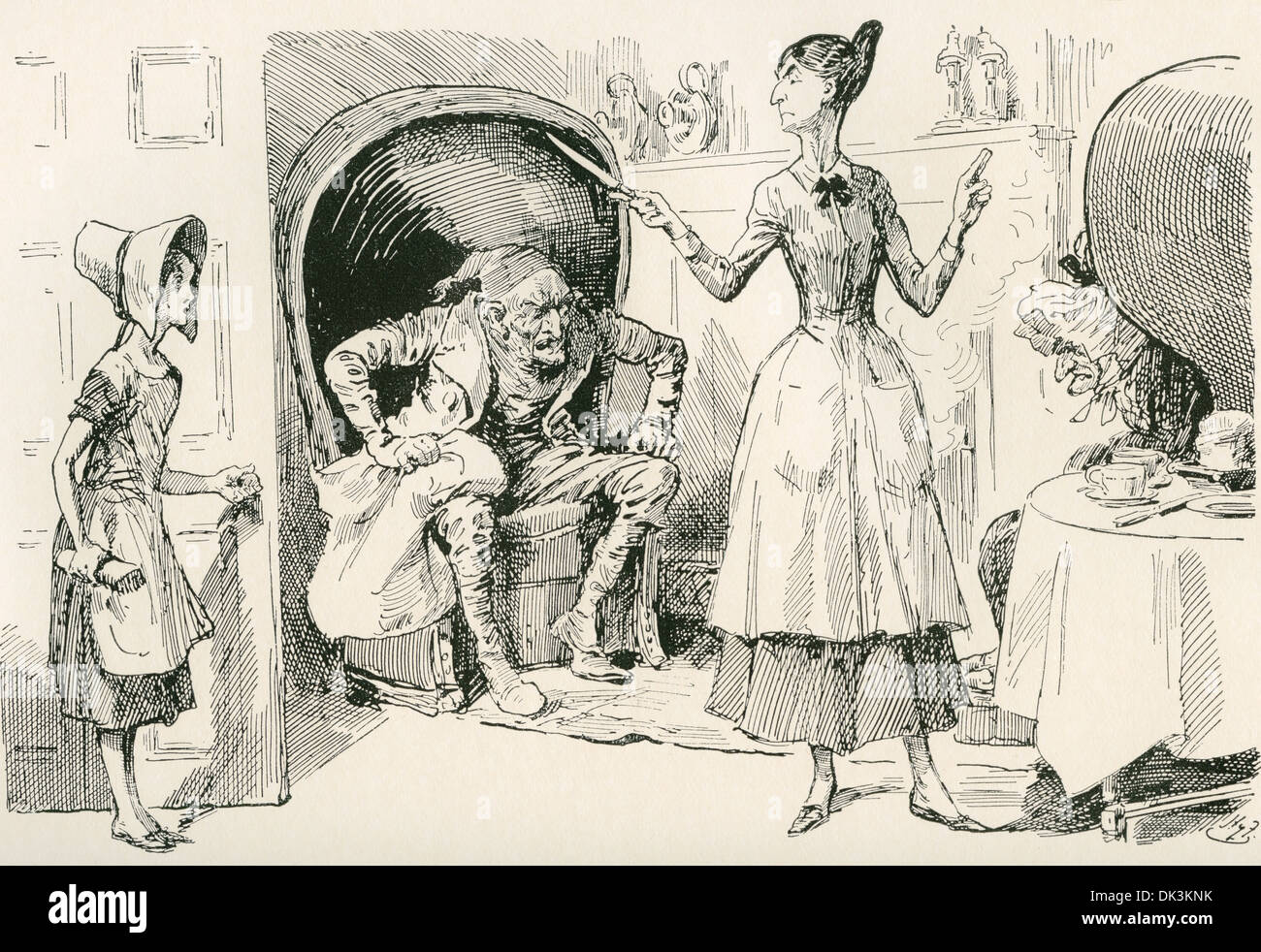 The Smallweed Family. Illustration by Harry Furniss for the Charles Dickens novel Bleak House