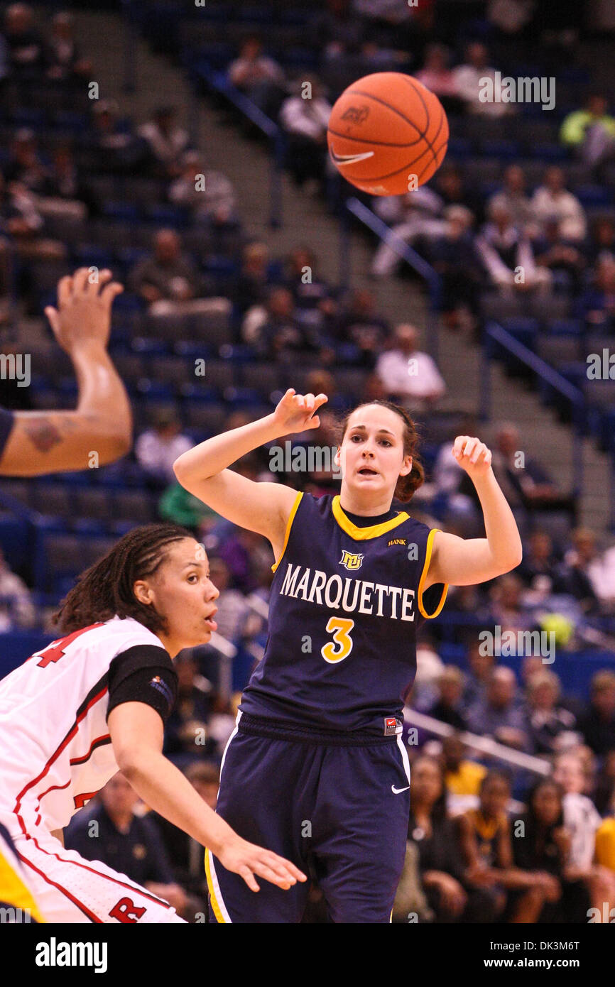 Mar. 6, 2011 - Hartford, Connecticut, United States of America - Marquette Golden Eagles guard Courtney Weibel (3) passes the ball into the paint during the game against the Rutgers Scarlet Knights.  .Rutgers defeated Marquette 68 - 62. (Credit Image: © Mark Box/Southcreek Global/ZUMAPRESS.com) Stock Photo