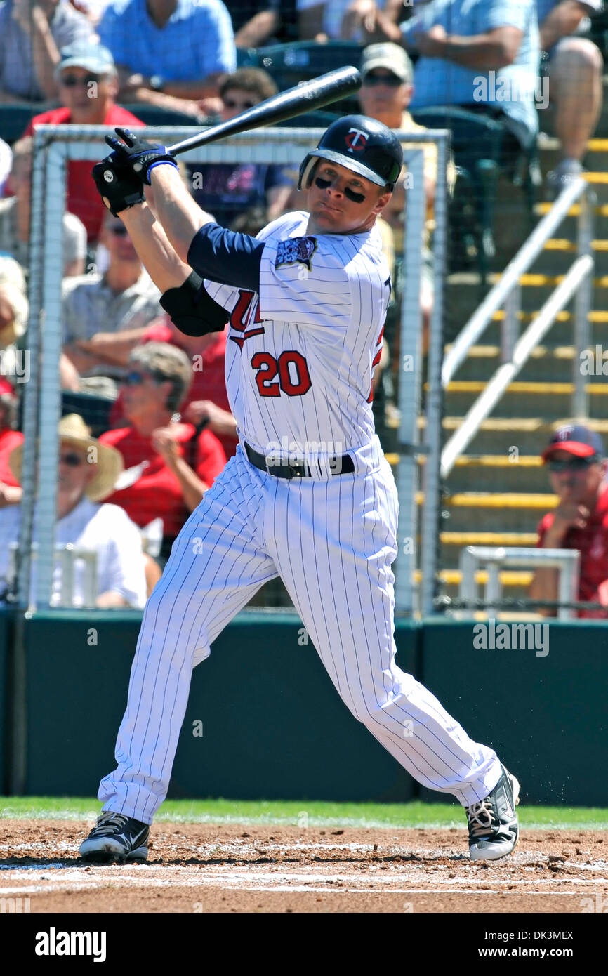 Mar. 7, 2011 - Fort Myers, Florida, United States of America - Twins shortstop Matt Tolbert (#20) at bat during the Spring Training game between the St Louis Cardinals v Minnesota Twins at Hammond Stadium in Fort Myers, FL.  The Cardinals won the game 10-4. (Credit Image: © William A Guerro/Southcreek Global/ZUMAPRESS.com) Stock Photo