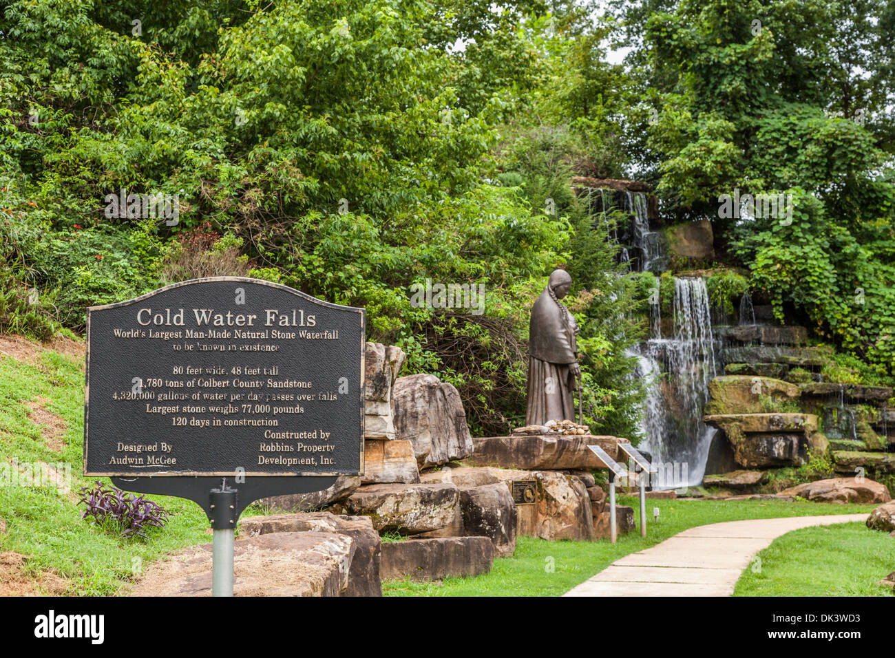 Informational sign at Cold Water Falls, the largest man-made natural stone waterfall, at Spring Park in Tuscumbia, Alabama Stock Photo
