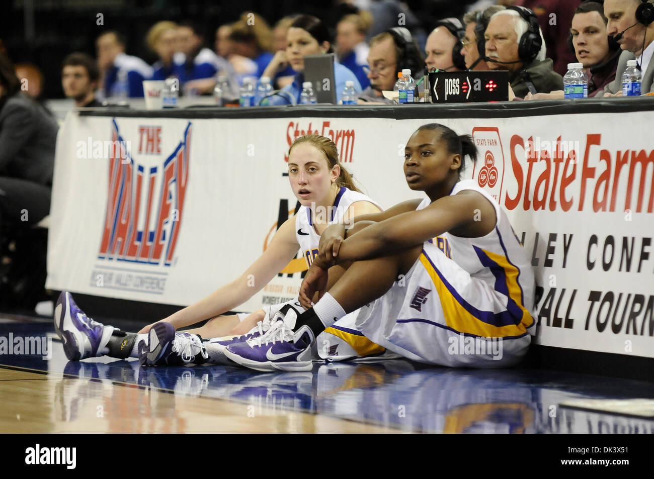 Mar. 12, 2011 - St. Charles, Missouri, U.S - Two Northern Iowa players wait for a stoppage in play so the can be substituted into the game early in the second half of the sectional MVC tournament game vs Wichita State.  Iowa defeated Wichita 61-44 to move into the championship game. (Credit Image: © Richard Ulreich/Southcreek Global/ZUMApress.com) Stock Photo