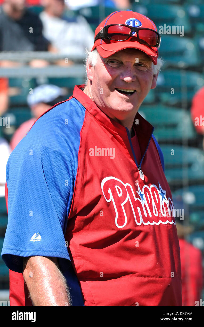 Mar. 13, 2011 - Fort Myers, Florida, United States of America - Phillies manager Charlie Manuel (#41) during batting practice before the start of the Spring Training game between the Philadelphia Phillies v Minnesota Twins at Hammond Stadium in Fort Myers, FL.  The Phillies won the game 6-3. (Credit Image: © William A Guerro/Southcreek Global/ZUMAPRESS.com) Stock Photo