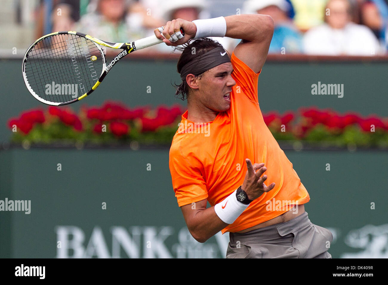 Mar. 14, 2011 - Indian Wells, California, U.S - Rafael Nadal (ESP) in action during the men's third round match of the 2011 BNP Paribas Open held at the Indian Wells Tennis Garden in Indian Wells, California. Nadal won with a score of 6-3, 6-1  (Credit Image: © Gerry Maceda/Southcreek Global/ZUMAPRESS.com) Stock Photo