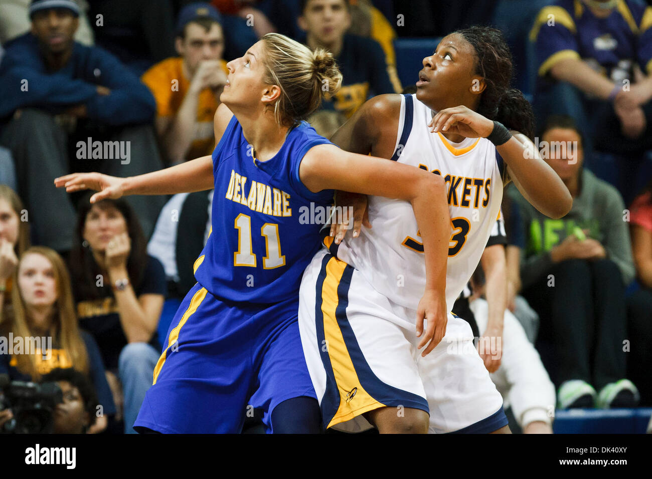 Mar. 16, 2011 - Toledo, Ohio, U.S - Toledo center Yolanda Richardson (#33) and Delaware forward Elena Delle Donne (#11) battle for rebounding position during second-half game action.  The Toledo Rockets, of the Mid-American Conference, defeated the Delaware Blue Hens, of the Colonial Athletic Association, 58-55 in the first round game of the 2011 Women's National Invitational Tourn Stock Photo