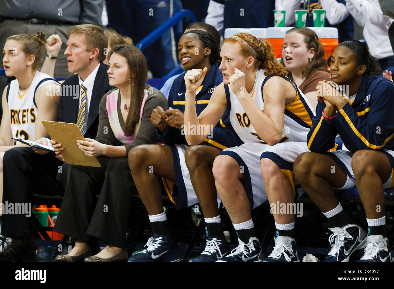 Mar. 16, 2011 - Toledo, Ohio, U.S - Toledo forward Melissa Goodall (#32) and her teammates watch the action on the court during second-half game action.  The Toledo Rockets, of the Mid-American Conference, defeated the Delaware Blue Hens, of the Colonial Athletic Association, 58-55 in the first round game of the 2011 Women's National Invitational Tournament being played at Savage A Stock Photo