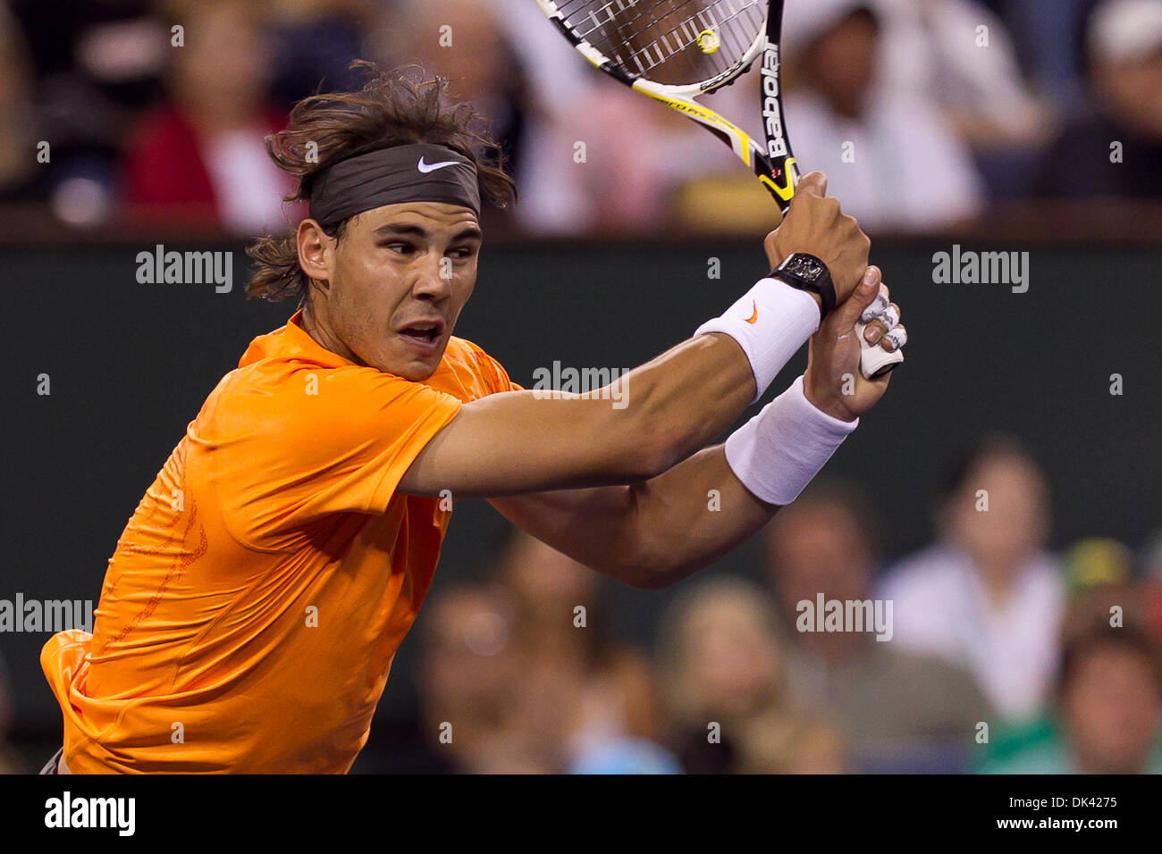 Mar. 17, 2011 - Indian Wells, California, U.S - [1] Rafael Nadal (ESP) in action during the men's quarterfinals match of the 2011 BNP Paribas Open held at the Indian Wells Tennis Garden in Indian Wells, California. Nadal won with a score of 5-7, 6-1, 7-6(7) (Credit Image: © Gerry Maceda/Southcreek Global/ZUMAPRESS.com) Stock Photo