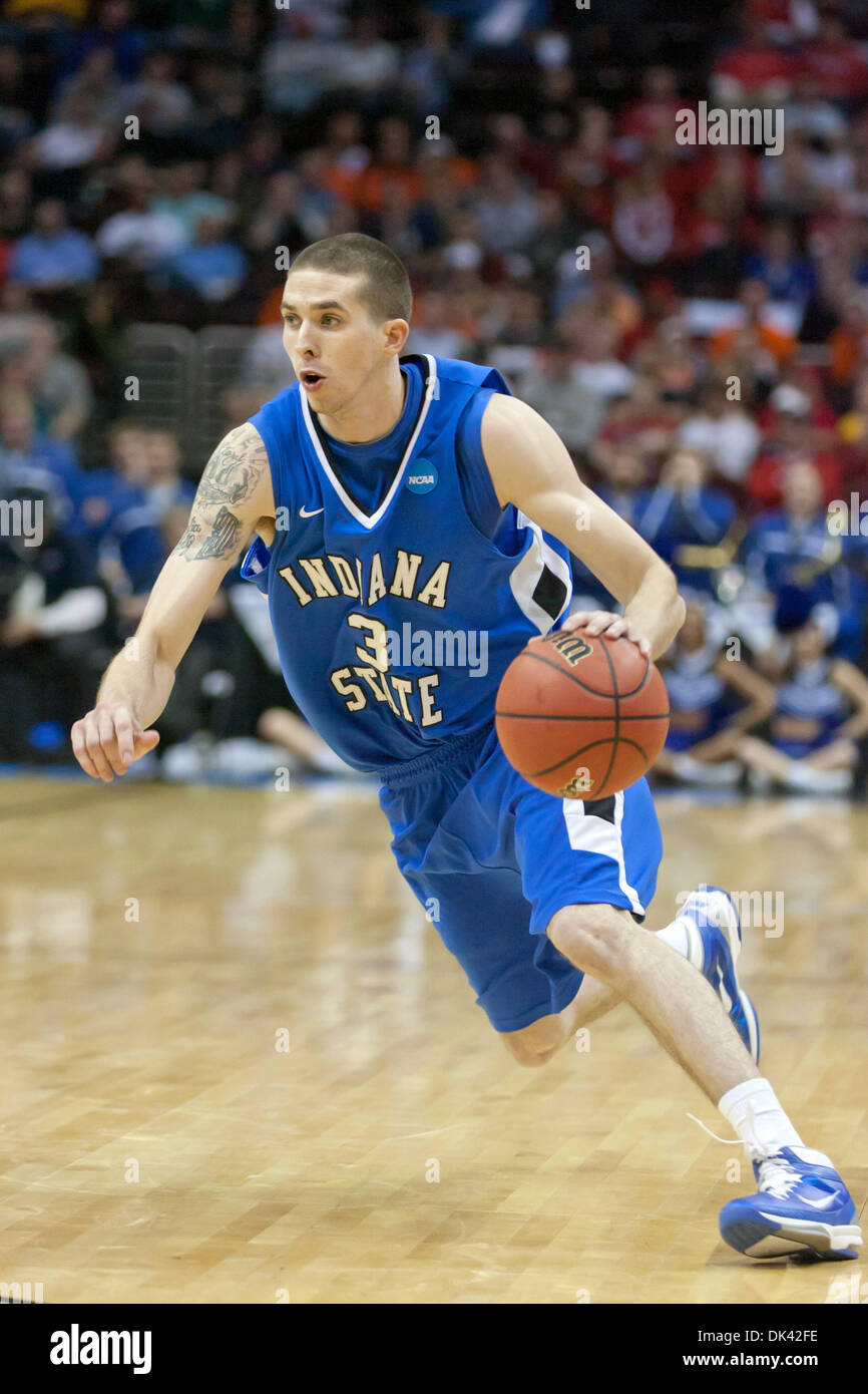 Mar. 18, 2011 - Cleveland, Ohio, U.S - Indiana State guard Jake Kelly (3)  with the basketball during the first half against Syracuse. The Syracuse  Orange lead the Indiana State Sycamores 38-30