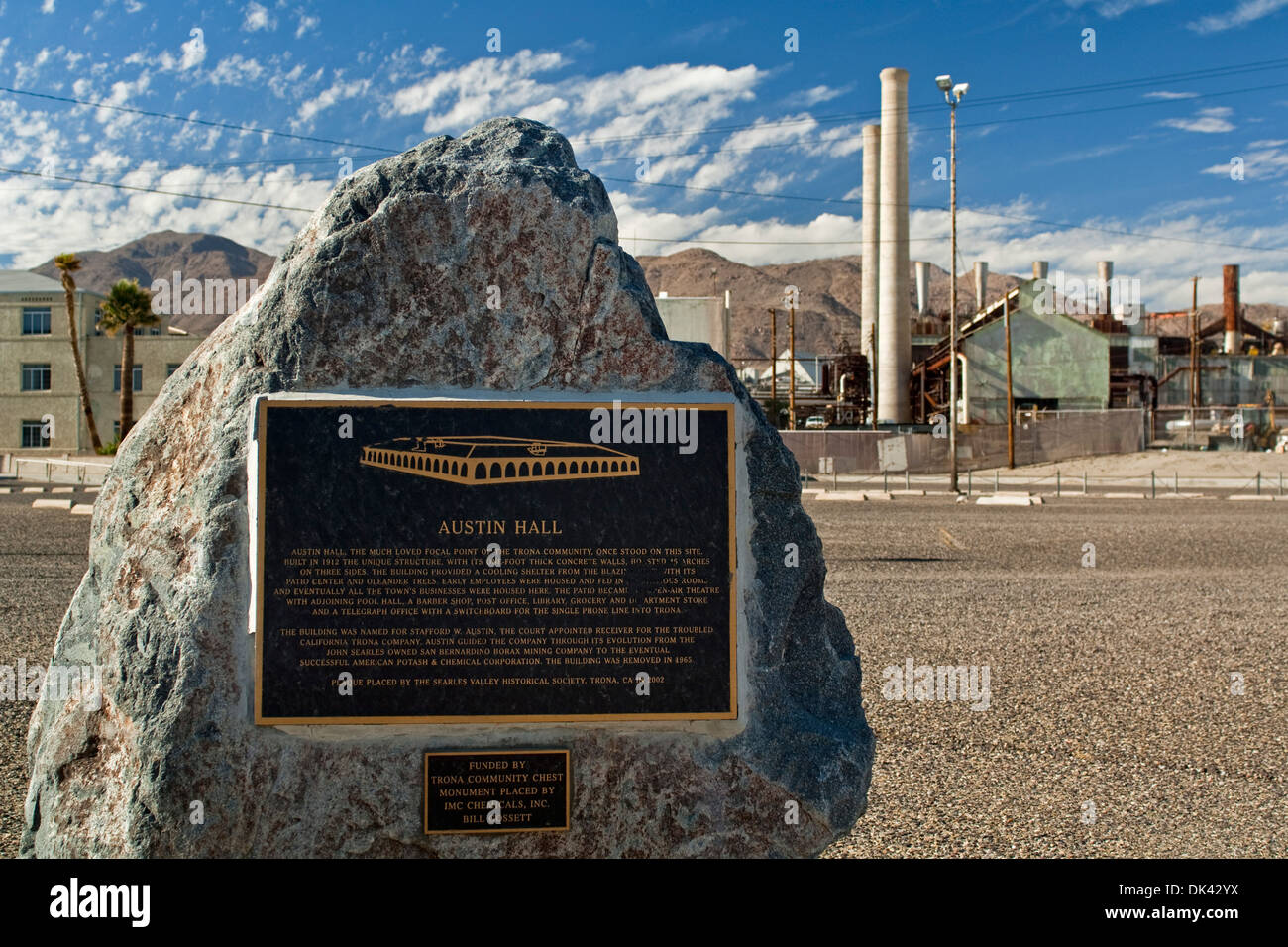 Marker showing site of Austin Hall, and borax processing plant, Trona, California Stock Photo