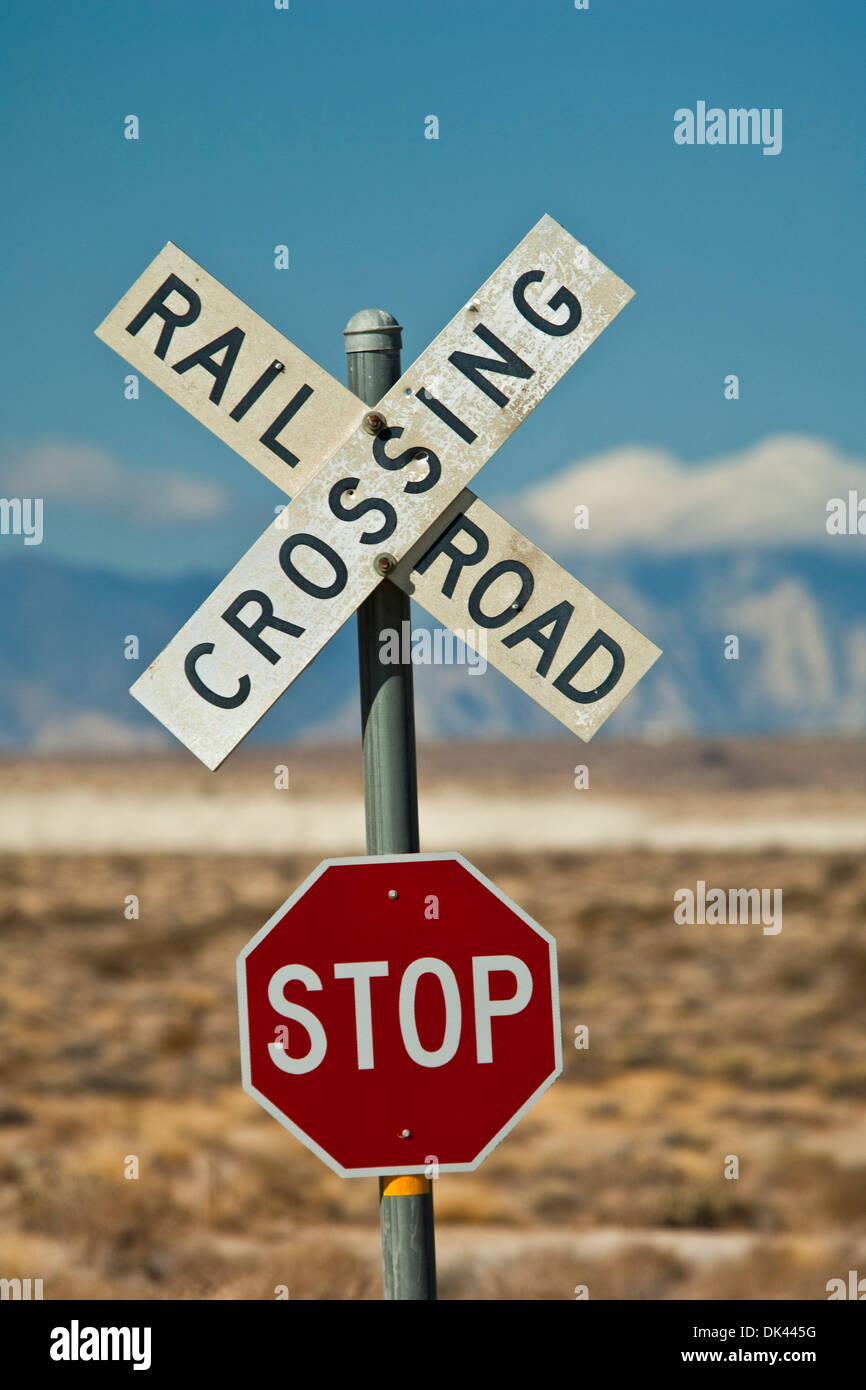 Railroad crossing sign near Trona, California Stock Photo