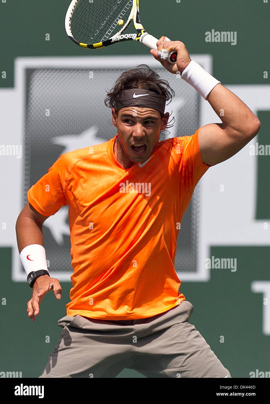 Mar. 19, 2011 - Indian Wells, California, U.S - No. 1 seed Rafael Nadal (ESP) in action during the men's semifinals match of the 2011 BNP Paribas Open held at the Indian Wells Tennis Garden in Indian Wells, California. Nadal won with a score of 5-7, 6-1, 7-6(7) (Credit Image: © Gerry Maceda/Southcreek Global/ZUMAPRESS.com) Stock Photo