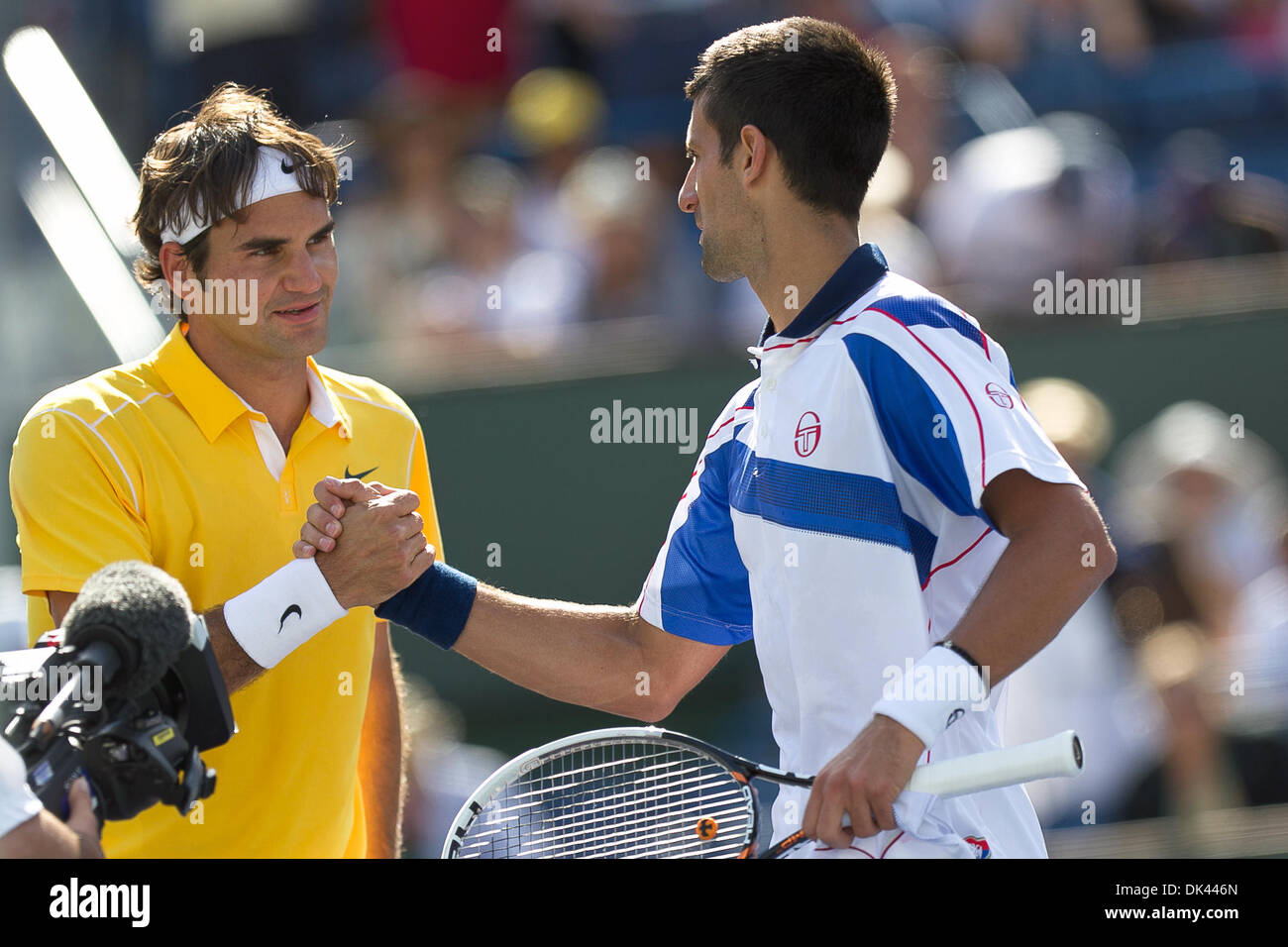 Mar. 19, 2011 - Indian Wells, California, U.S - No. 2 seed Roger Federer  (SUI) (left) congratulates No. 3 seed Novak Djokovic (SRB) (right) during  the men's semifinals match of the 2011