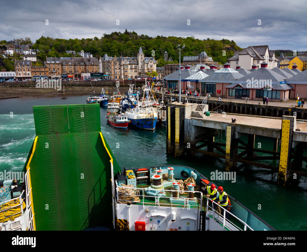 View from Caledonian MacBrayne car ferry leaving Oban Harbour in Argyll and Bute Scotland UK heading for the Inner Hebrides Stock Photo