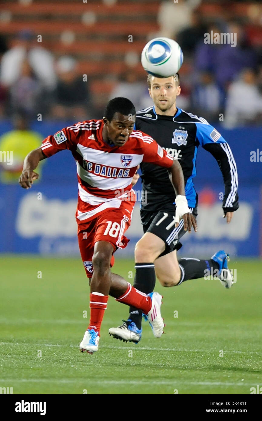 Mar. 26, 2011 - Frisco, Texas, U.S - FC Dallas midfielder Marvin Chavez (18) heads the ball as the San Jose Earthquakes faces off against rival FC Dallas at the Pizza Hut Park in Frisco, Texas.  The San Jose Earthquakes defeat  FC Dallas 2-0. (Credit Image: © Steven Leija/Southcreek Global/ZUMAPRESS.com) Stock Photo