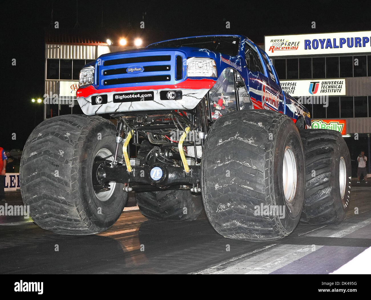 Mar. 26, 2011 - Baytown, Texas, United States of America - Summit Racing Equipments Dan Runte driver of Bigfoot pulls a wheelie during the ADRL Car safe Dragpalooza VII drag races which were held at the Royal Purple Raceway in Baytown,Texas. (Credit Image: © Dan Wozniak/Southcreek Global/ZUMAPRESS.com) Stock Photo