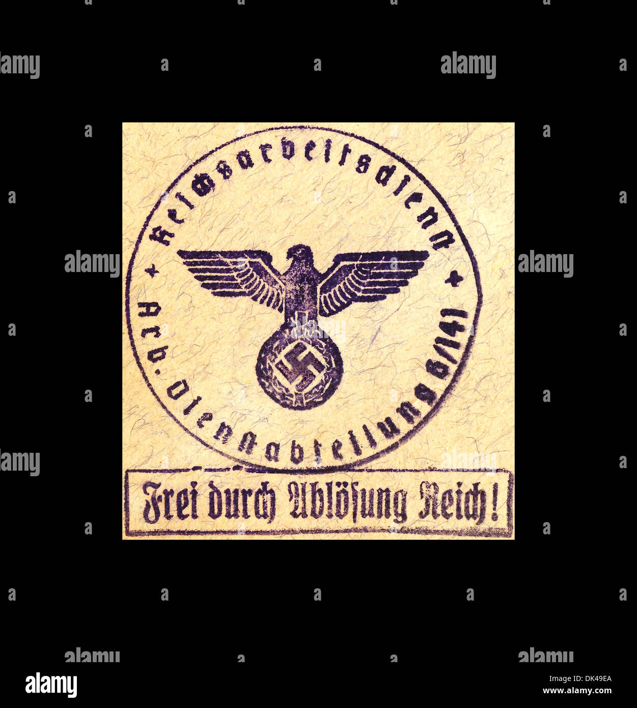 1941 WW2 Official Nazi Party Workers stamp & swastika symbol  ‘Frei durch ablösung Reich’ 'Free through Reich redemption'   Germany World War II 2F9G3 Stock Photo