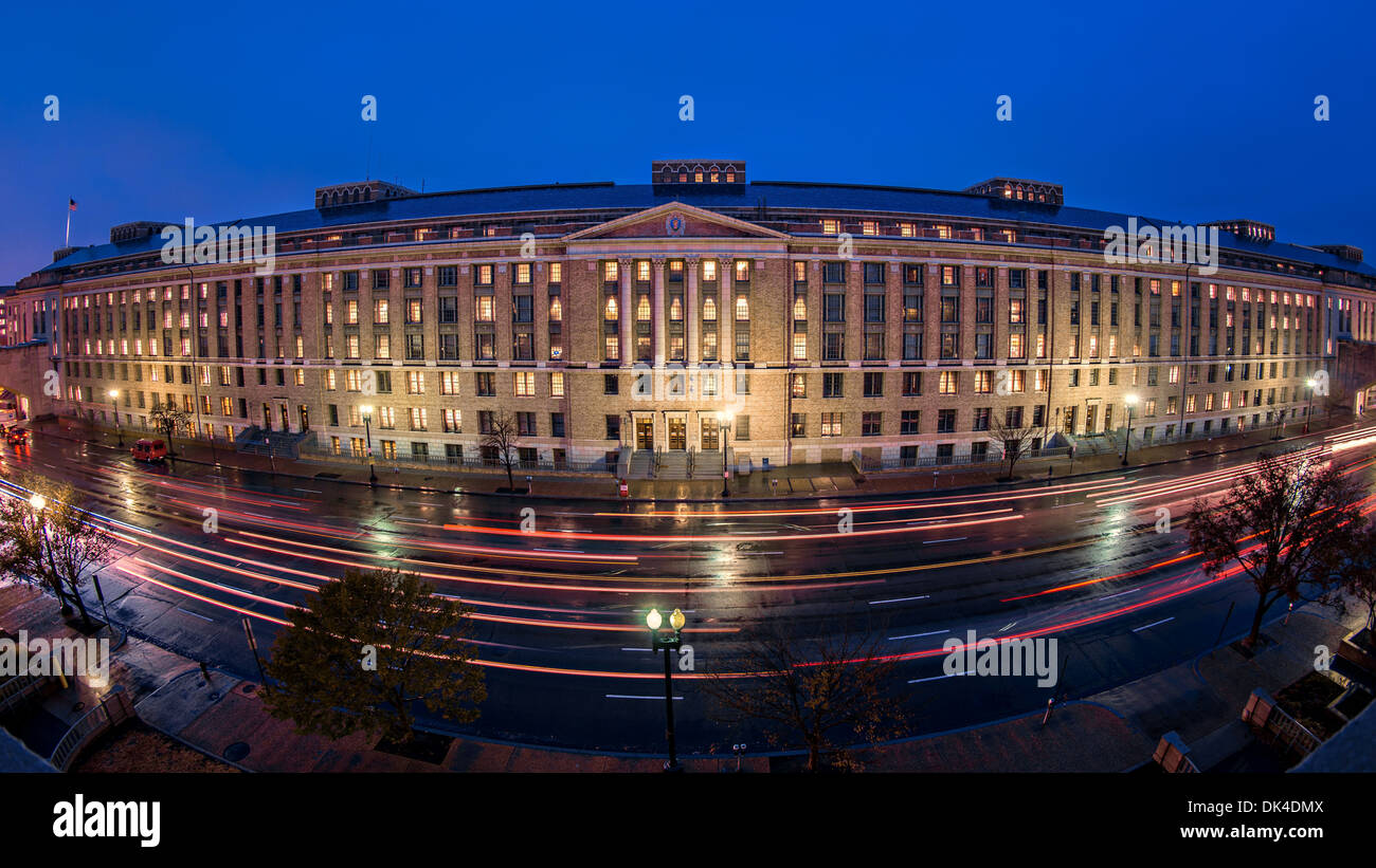 Wide angle view of the U.S. Department of Agriculture headquarters South Building at 1400 Independence Ave at dusk November 26, 2013 in Washington, DC. Stock Photo