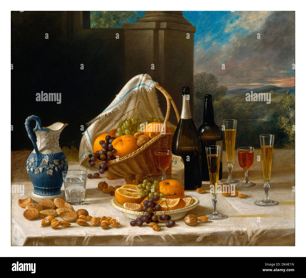 STILL LIFE WINE FRUITS Luxury 19th century table foods drinks oil painting of fruits wines grapes and nuts on a table of a stately home Stock Photo