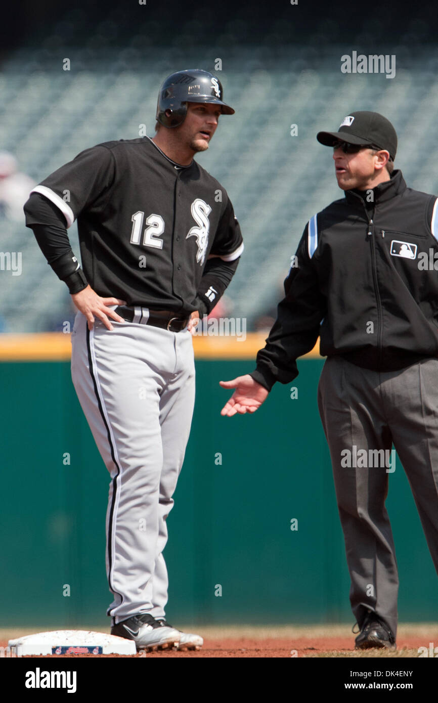 Apr. 2, 2011 - Cleveland, Ohio, U.S - Chicago catcher A.J. Pierzynski (12) talks to second base umpire Chris Guccione (68) during the second inning against Cleveland.  The Chicago White Sox defeated the Cleveland Indians 8-3 at Progressive Field in Cleveland, Ohio. (Credit Image: © Frank Jansky/Southcreek Global/ZUMAPRESS.com) Stock Photo