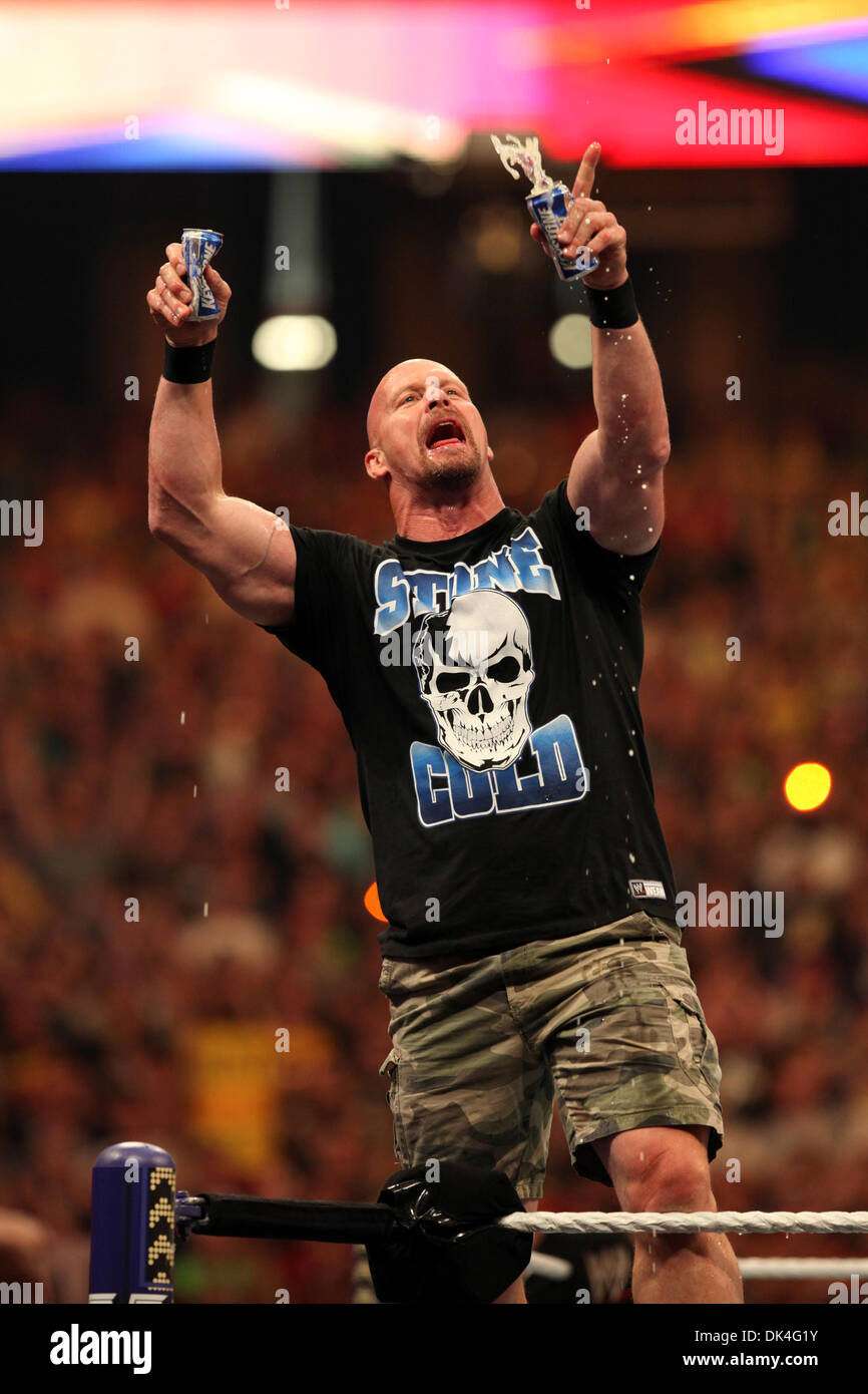 Apr 03, 2011 - Atlanta, Georgia, U.S. - STEVE AUSTIN served as the special guest referee Sunday evening in the match with Jerry 'The King' Lawler and Michael Cole. WrestleMania 27. (Credit Image: © Matt Roberts/ZUMAPRESS.com) Stock Photo