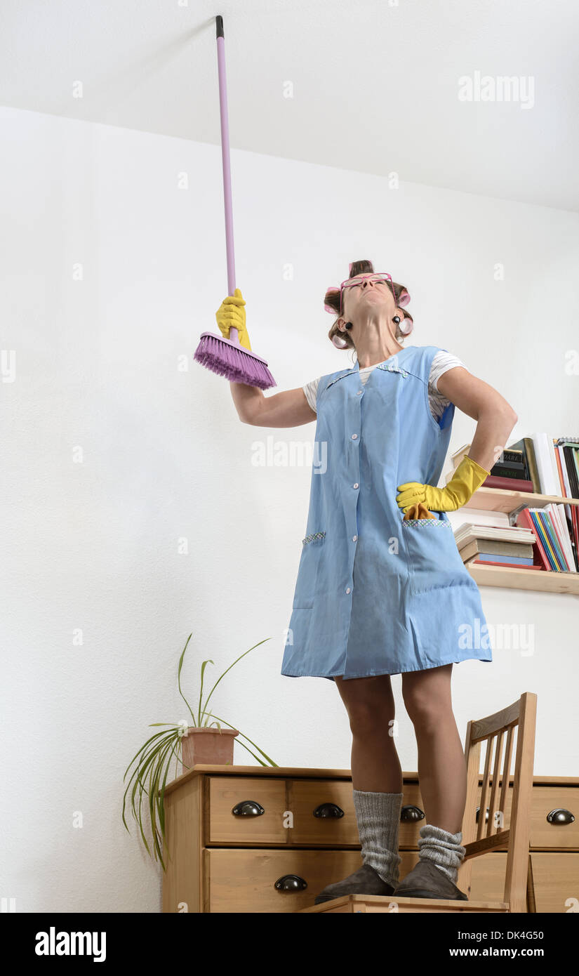 Angry woman scolding on on loud neighbors Stock Photo