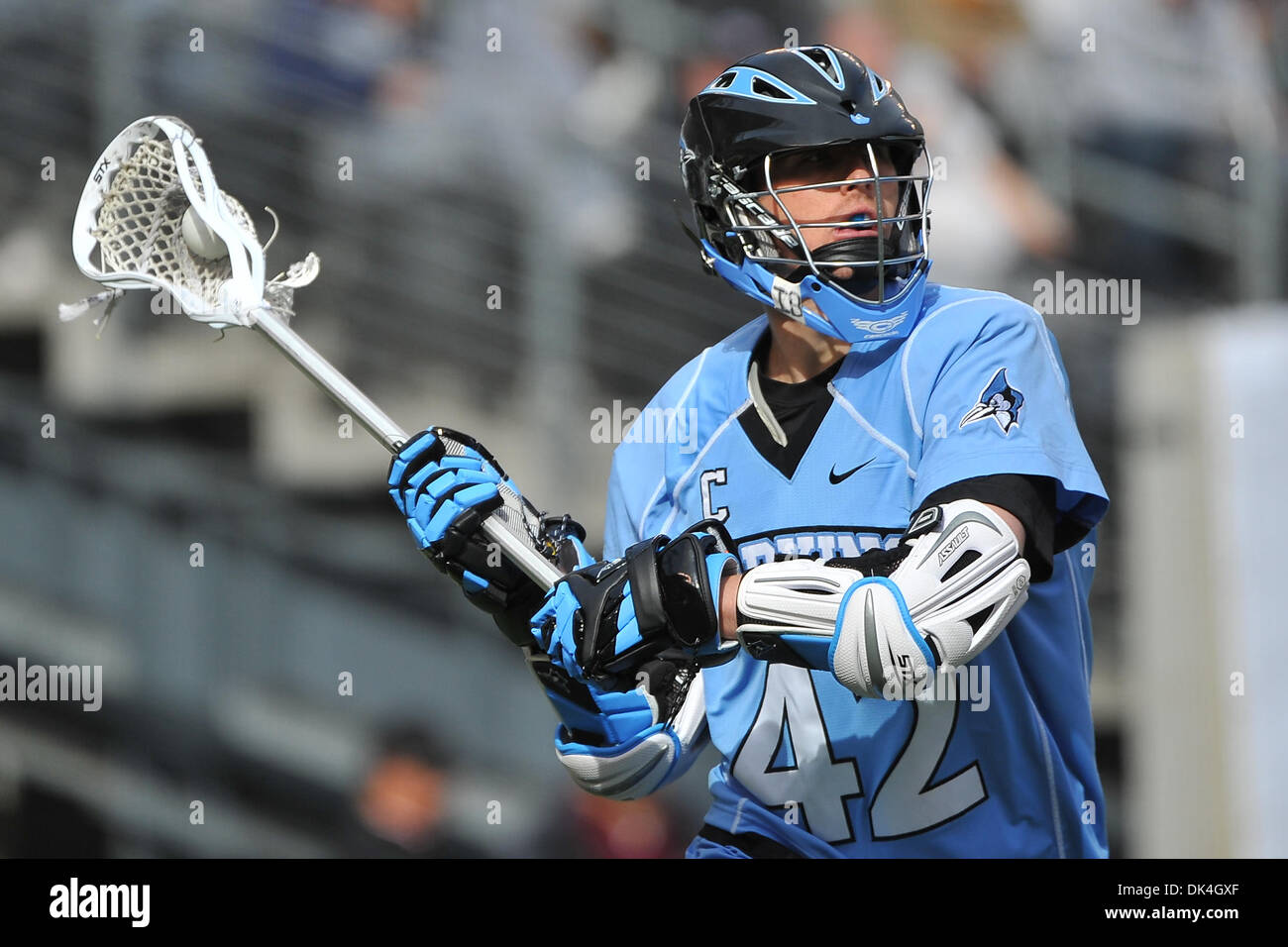 Apr. 3, 2011 - East Rutherford, New Jersey, U.S - Johns Hopkins Blue Jays Attackman Kyle Wharton (42) in action during the Konica Minolta Big City Classic at The New Meadowlands Stadium in East Rutherford New Jersey  Johns Hopkins defeats UNC 10 to 9 (Credit Image: © Brooks Von Arx/Southcreek Global/ZUMAPRESS.com) Stock Photo