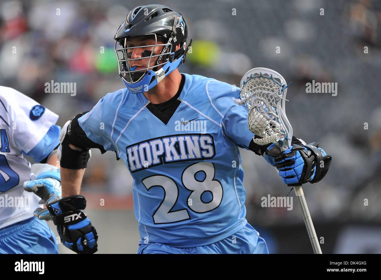 Apr. 3, 2011 - East Rutherford, New Jersey, U.S - Johns Hopkins Blue Jays Midfielder Marshall Burkhart (28) in action during the Konica Minolta Big City Classic at The New Meadowlands Stadium in East Rutherford New Jersey  Johns Hopkins defeats UNC 10 to 9 (Credit Image: © Brooks Von Arx/Southcreek Global/ZUMAPRESS.com) Stock Photo