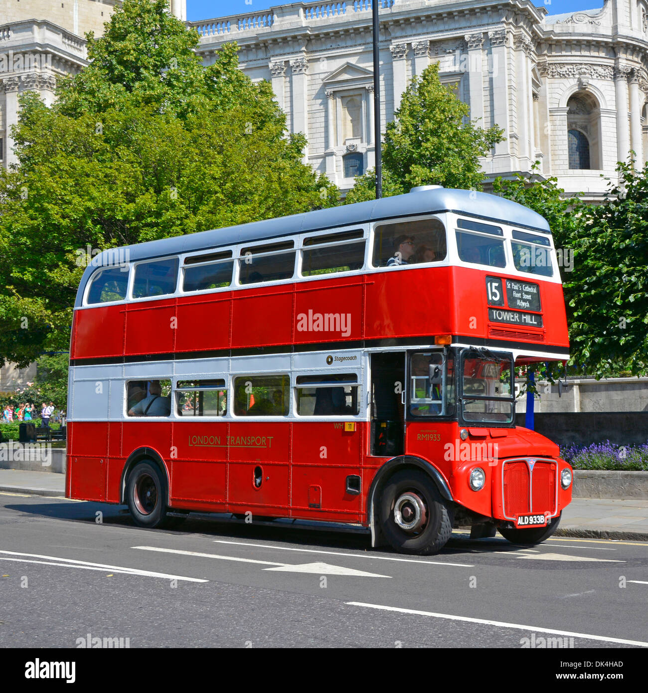 Original routemaster double decker bus on the number 15 heritage route towards Tower Hill Stock Photo