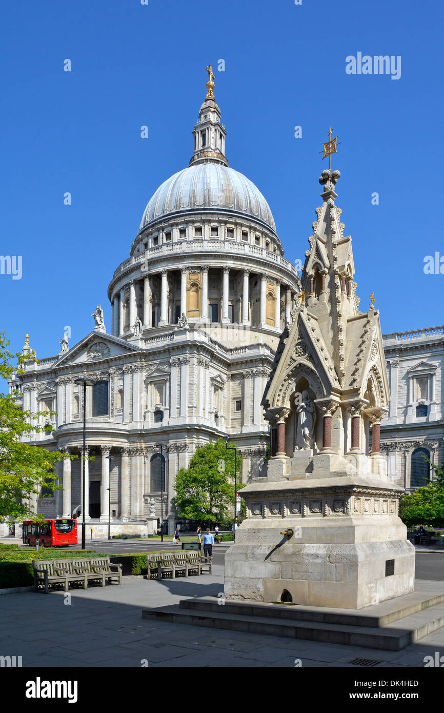 Victorian St Lawrence and Mary Magdalene Drinking Fountain a Grade II listed building opposite famous historical Grade I St Pauls cathedral London UK Stock Photo